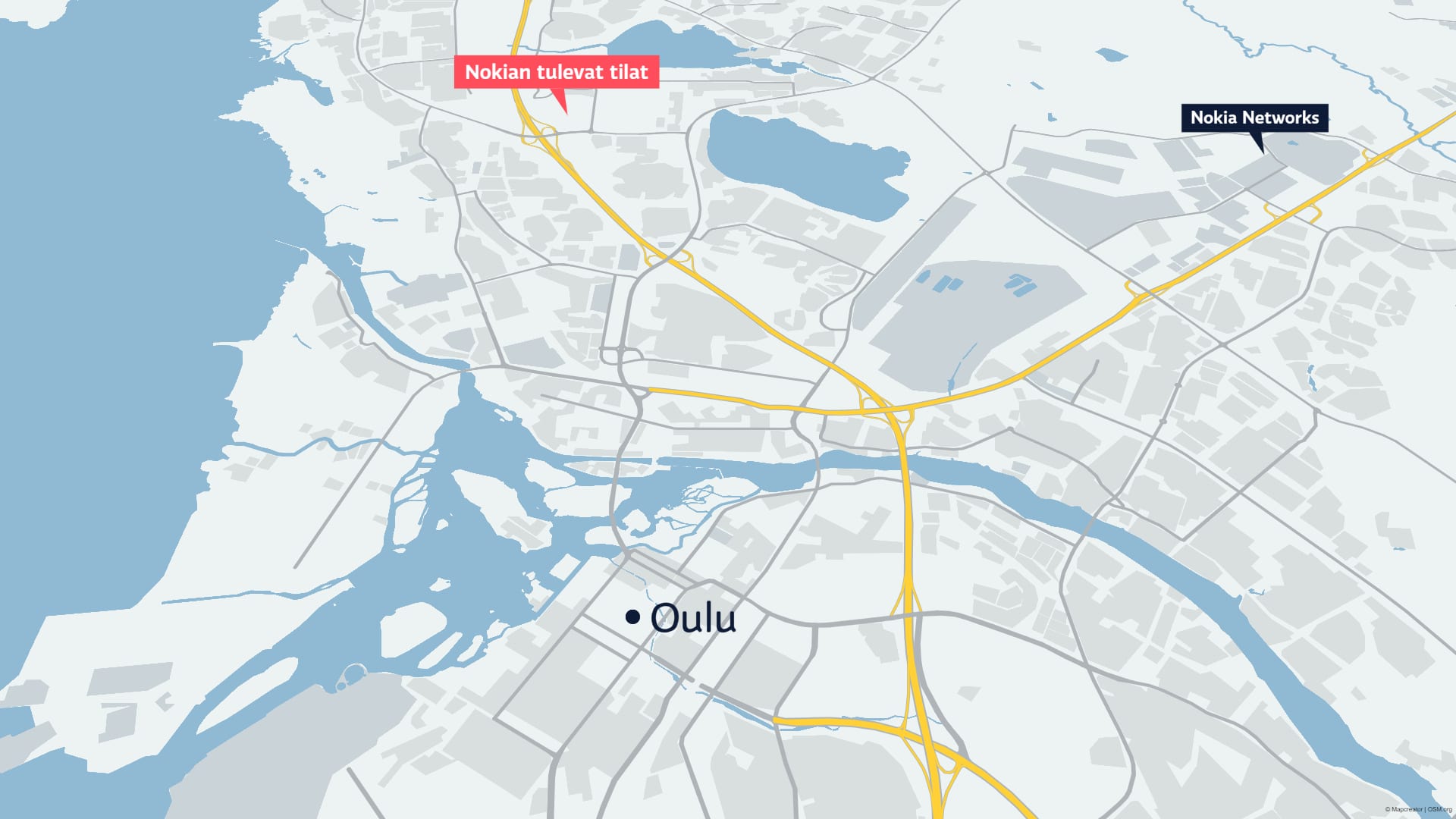 Kartta Nokian uudesta sijainnista Oulussa