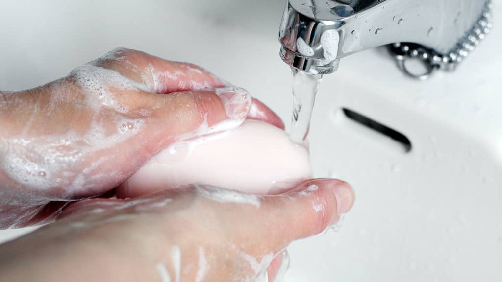 Käsiä pestään saippualla.