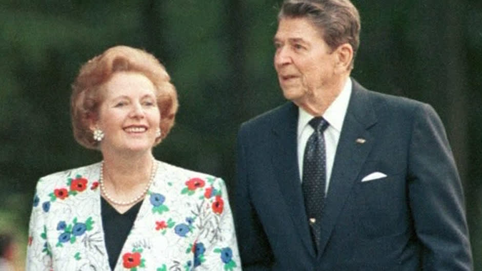 Yhdysvaltain presidentti Ronald Reagan ja Britannian pääministeri Margaret Thatcher Torontossa 1980-luvulla.