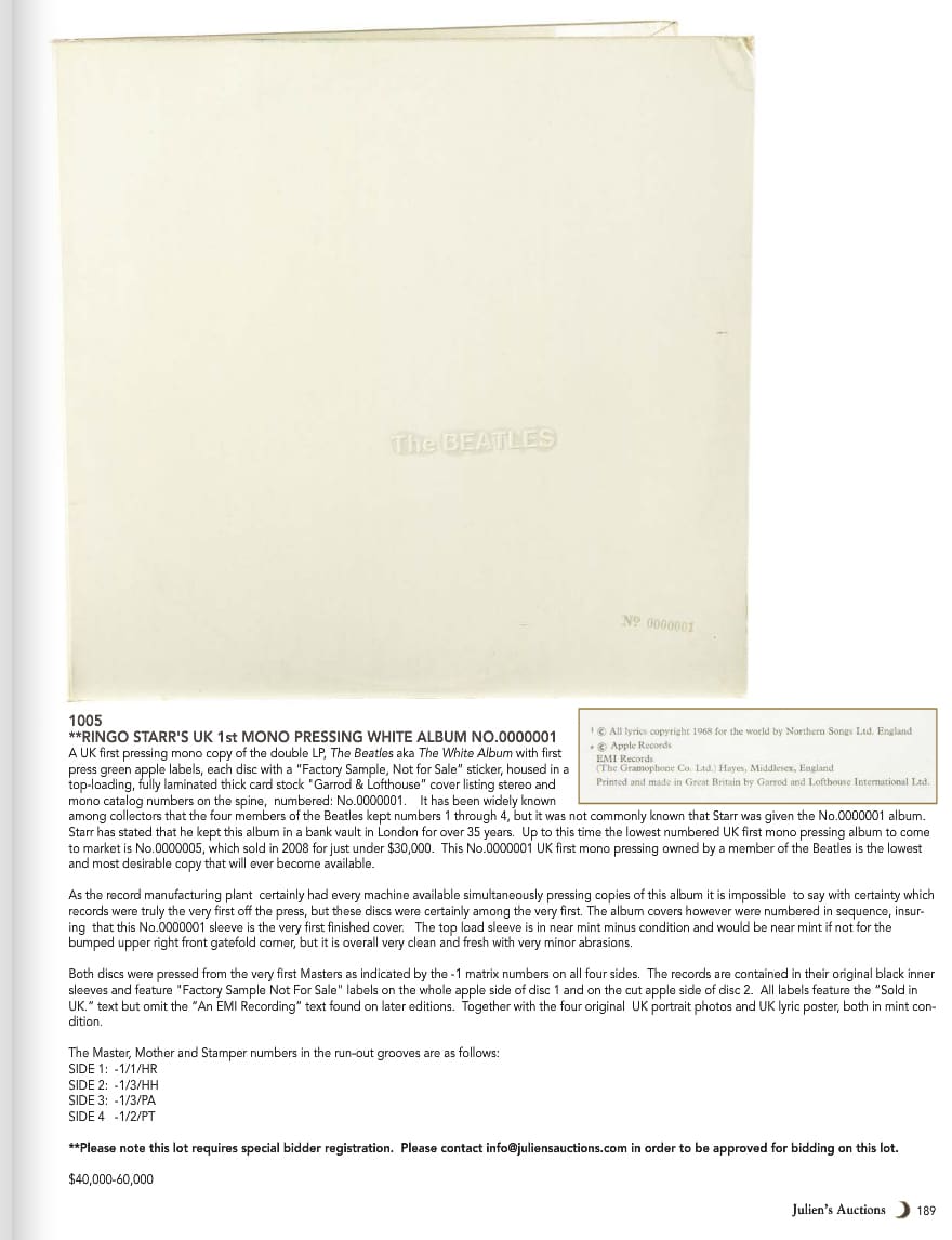 Kuvankaappaus Ringon omistaman White Albumin esittelysivusta Julien`s Auctions -huutokauppakamarin katalogista.