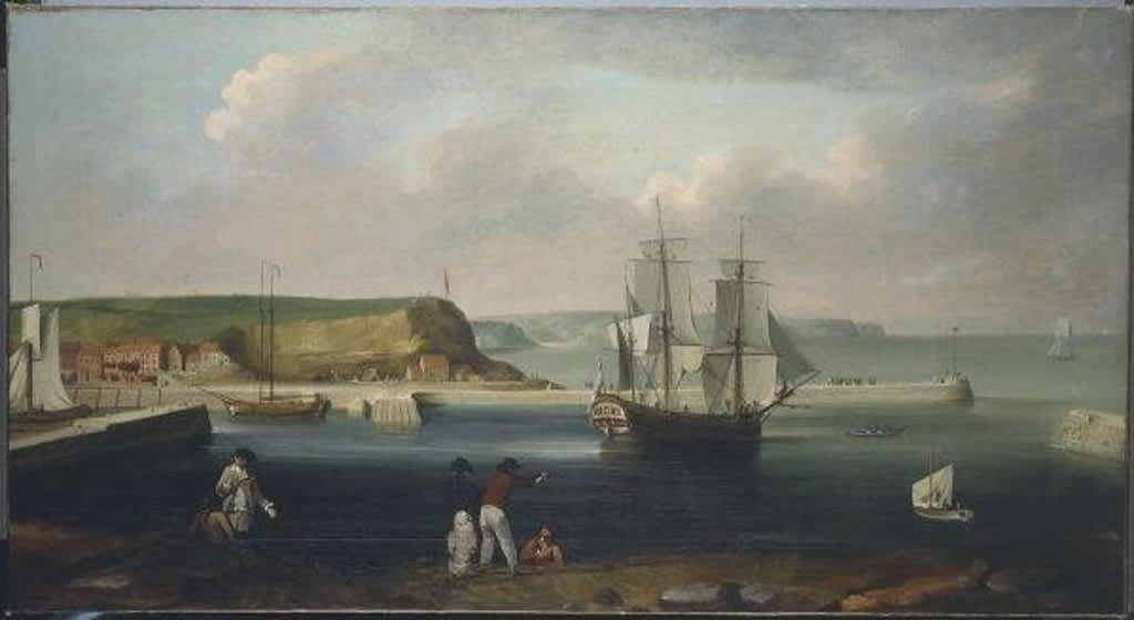 Öljymaalaus purjealuksesta lähdössä kalliorannasta merelle. Rannalla ihmisiä 1700-luvun asuissa. 