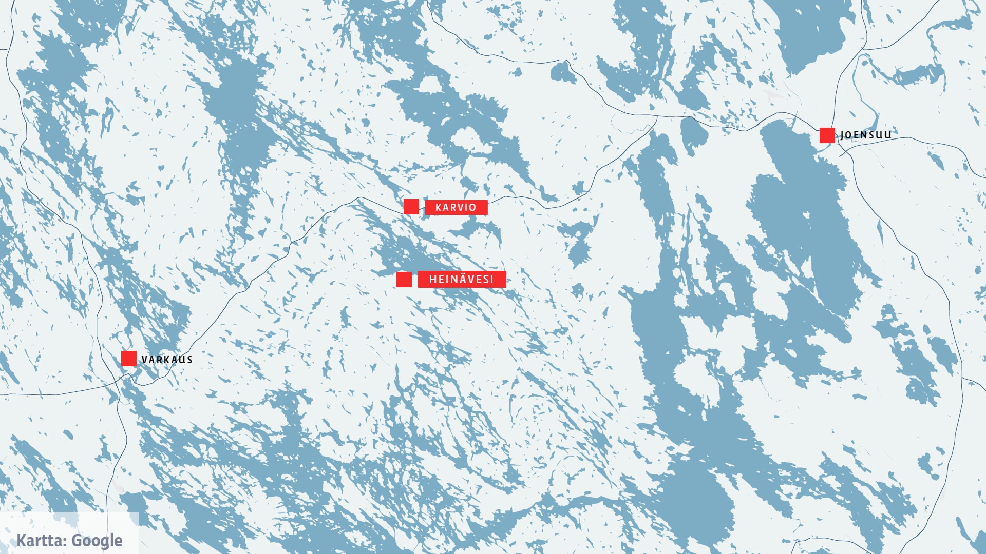 Kartta, johon on merkitty Heinävesi, Karvio, Varkaus ja Joensuu. 