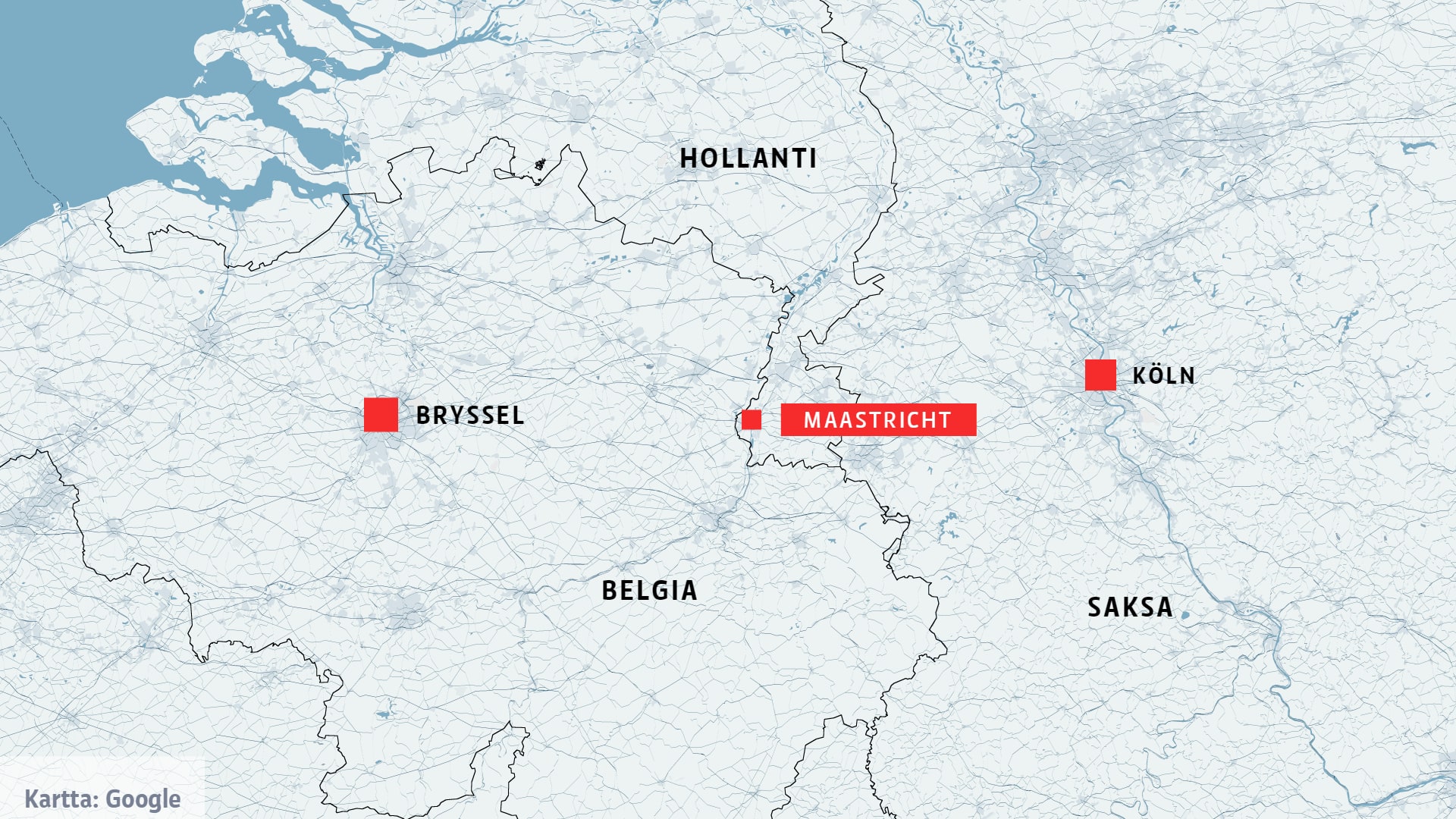 Kartta, jossa näkyvät Bryssel, Maastricht ja Köln. 