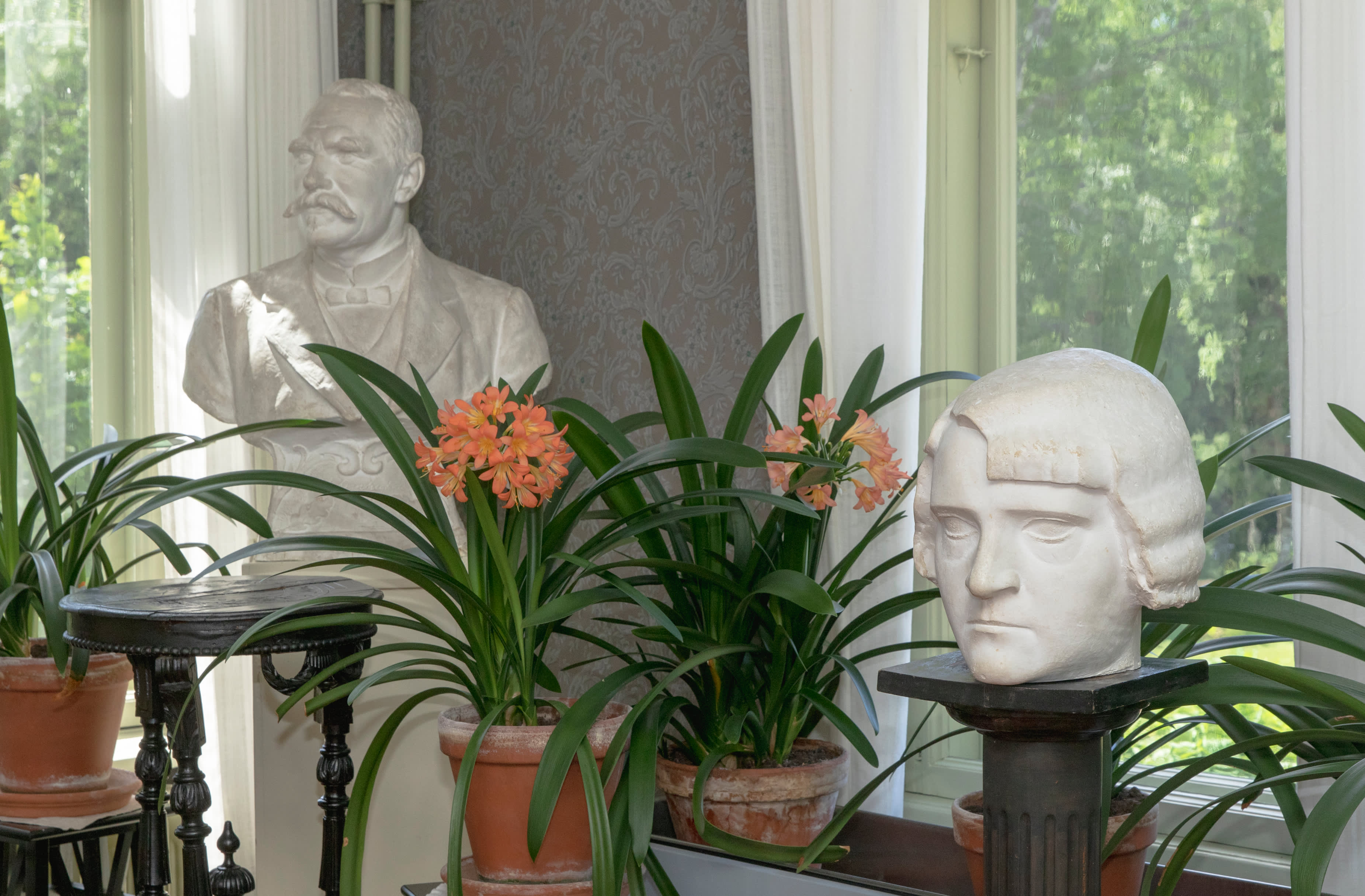 P.E. Svinhufvudin ja Ellen-vaimon rintapatsaat Kotkaniemen salissa, taustalla kukkivia kliivioita.  