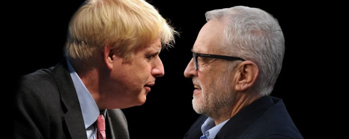 Boris Johnson ja Jeremy Corbyn tuijottavat toisiaan.