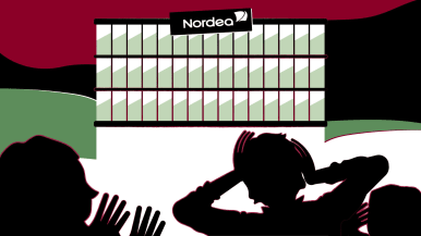 Kuvituskuva. Taustalla iso toimistorakennus, jonka huipulle Nordean logo. Edessä näkyy joukko hätääntyneitä tummia hahmoja