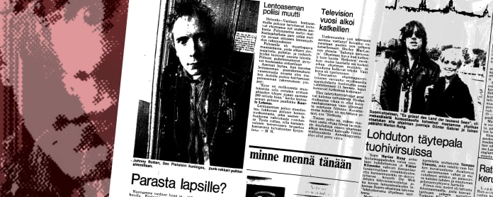 Punk-graafi Helsingin sanomien sivusta, jossa kerrotaan Sex Pistols yhtyeestä otsikolla Parasta lapsille? (3.1.1978)