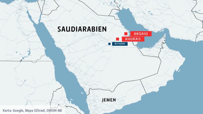 saudiarabien karta Drönarattacker tände eld på två viktiga oljeanläggningar i 