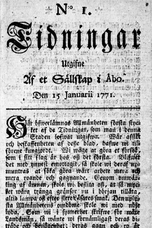Första sidan av första numret av Finlands första tidning. Första sidan av Finlands första tidning, Tidningar utgifne af et Sällskap i Åbo, den från 15 januari 1771.