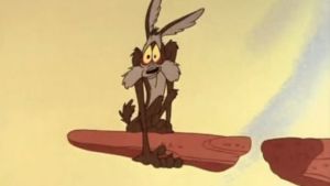 Gråben (Wile E. Coyote) på väg att få en lektion i tyngdkraftslära. Animationsfiguren Wile E. Coyote.