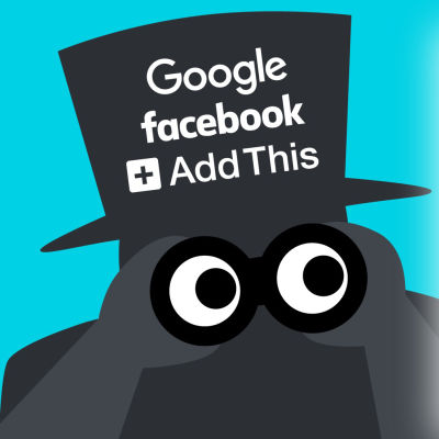 Piirroshahmo, joka hatussa logot Google, Facebook ja AddThis. Accept Cookies -teksti.