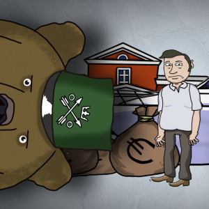 Animerad bild med en man omringad av skattebjörn, en säck pengar, ett hus och en lyxig båt.