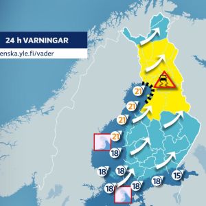 Väderkarta med vindvarningar längs med hela kusten. I Bottenviken varnas för vind på 21 meter per sekund.