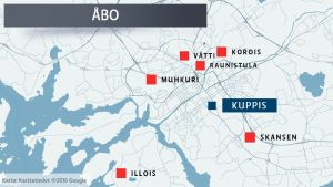 Blir det en flytt är Illois, Korois, Muhkuri, Raunistula, Skansen och Vätti aktuella områden för en koloniträdgård. Karta över de olika alternativa placeringarna av koloniträdgården i Kuppis.