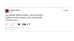 Kuvakaappaus Johanna Vehkoon väärennetystä twiitistä.