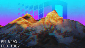 Så här kan digital vaporwave-konst se ut. Skrivbordsbakgrund till dator med Vaporwave-tema av Flickr-användaren tofoli.douglas. En gulnande bergskedja med en digital statisk effekt, i bakgrunden Windows 95-operativsystemets logga i en lila-blå gradient.