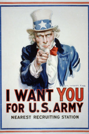 Juliste jossta Setä Samuli osoittaa sormella ja teksti I want you for U.S. army