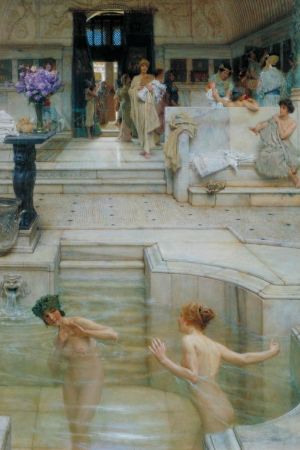 Förföriska badarinnor i ett antikt romerskt badhus. Verket "A Favourite Custom" (1909) av den holländsk-brittiske konstnären Lawrence Alma-Tadema (1836–1912). Två kvinnor badar i ett antikt romerskt badhus. Målningen "A Favourite Custom" (1909) av den holländsk-brittiske konstnären Lawrence Alma-Tadema (1836–1912).