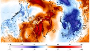 Temperaturen i polarområden i norr avviker från medeltalet över en längre tidsperiod. Temperaturen i polarområden i norr avviker från medeltalet.