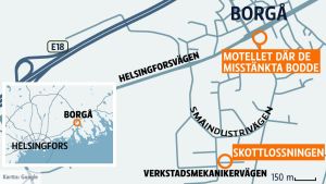Motellet finns cirka en kilometer från platsen där skottlossningen ägde rum. Karta på platsen där skottlossningen ägde rum.