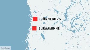 Olkiluotokraftverken ligger i västra Finland. En karta över en del av västra Finland, med Euraåminne och Björneborg inprickade.