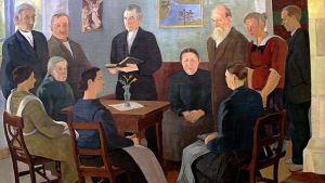Eero Nelimarkka: Hartaushetki Alaviitalassa. (1924) Eero Nelimarkka: Hartaushetki Alaviitalassa (1924), öljyvärimaalaus pellavakankaalle, 145 x 210 cm. Pappi pitää hartaushetkeä.