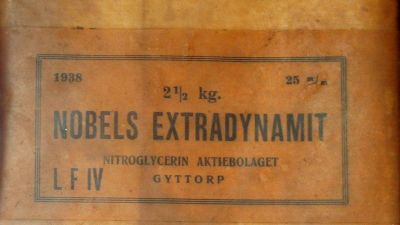 Etikett på ursprungsförpackningen för Alfred Nobels dynamit