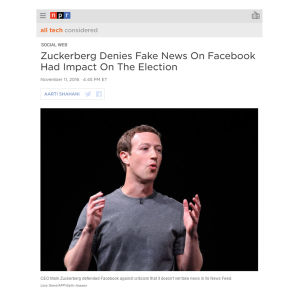Skärmdump från NPR där Mark Zuckerberg säger att han inte tror att fejkade nyheter på Facebook påverkad USA:s presidentval.