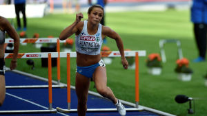 Huntington var näst bäst både i höjd och häck. Maria Huntington löper 100 meter häck