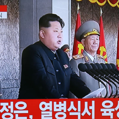 Nordkoreas ledare Kim Jong-un syns här på en bild tagen från en tv-sändning av hans tal på lördagen.
