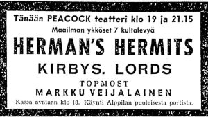 Konserttimainos Helsingin Sanomissa. Herman's Hermitsin konsertin ilmoitus Helsingin Sanomissa 1966.