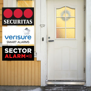 Ulko-ovi ja sen vieressä logot Verisure, Securitas ja Sector Alarm