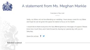 Det här dök upp på det brittiska hovets webbsida den 17.5.2018, två dagar innan bröllopet. En text som publicerats på hovet sida om att Meghan Markles far inte deltar i bröllopet.