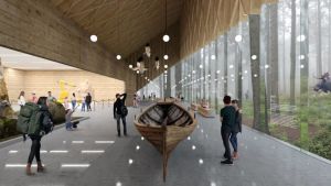 Så här tänker sig arkitektbyrån JKMM det nya museet i Pyttis. Bild av en hall med människor och en eka.