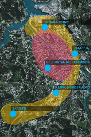 Det planeras mycket nytt i Åbo för tillfället. Karta över de områden som byggs ut i Åbo; centrum med röd färg, Slottsstaden, bangården, vetenskapsparken och Skansen med gul färg.