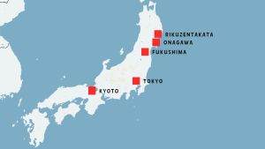 Kartan visar var Tokyo ligger i förhållande till Rikuzentakata och Onagawa.