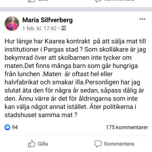 Skärmdump på Maria Silfverbergs inlägg på Facebook. Skärmdump från Maria Silfverbergs inlägg på Facebook om att skolbarnen inte äter Kaareas skolmat.