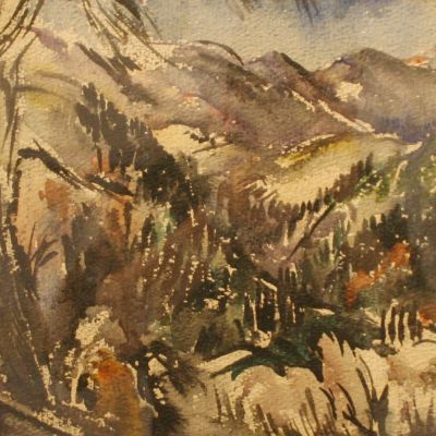 Cagnesin vuoristoa, Eemu Myntin akvarelli 1920-luvulta. Teos Erkki Fredriksonin kokoelmasta.