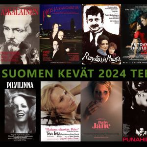 Elokuvajulisteita. Teeman Kino Suomen ohjelmisto keväällä 2024.