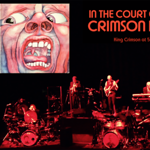 King Crimson -yhtye soittaa punasävyisissä valoissa, kuvan päällä on kaksi oienempää kuvaa, levynkannesta ja Robeet Frippistä.