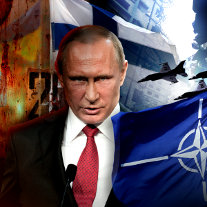 Kuvan keskellä on Vladimir Putin. Taustalla Suomen ja Naton liput sekä hävittäjiä. 