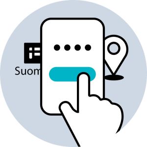 Piirroskuvassa sormi soittaa mobiililaitteen näytöllä nappulaa. Laitteen takana näkyy Suomi.fi logo ja paikkakohdistin.