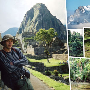 Toimittaja Jukka Kuosmanen Etelä-Amerikassa erilaisissa maisemissa: Machu piccu vuorella, lumihuippuisilla vuorilla, viidakossa ja aavikolla.