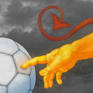 Piirros, jossa kultainen käsi koskettaa jalkapalloa, pirunhäntä on kietoutunut käden ympärille. 