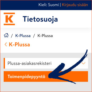 Kuvakaappaus Keskon nettisivuilta: K-Plussan asiakas voi tehdä tietopyynnön.