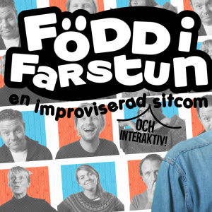 Simon Karlsson och Märta Westerlund i näsdagen 2019 promobild med grafik och texten Född i farstun sitcom.