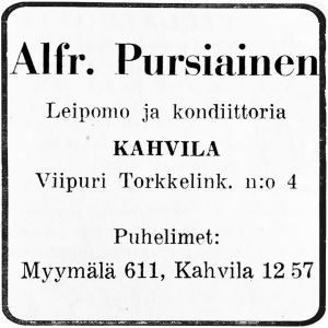 Kahvila-konditoria Pursiaisen lehtimainos.