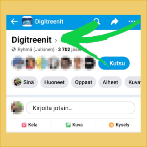 Näet Faecbook-ryhmän tarkemmat tiedot kohdasta Tietoja ryhmästä. Kuvakaappaus Facebookista: Näin löydät tiedotn siitä, onko ryhmä yksityinen vai julkinen: Men kohtaa Tietoja ryhmästä, sen alalaidasta löytyy tieto.