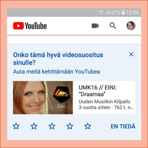 Youtube ja Google suosittelevat sisältöjä käyttäytymisesi perusteella. Kuvakaappaus Youtubesta: Aloitussivulla näkyy palvelun suosittelema video.