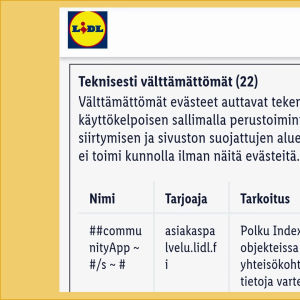 Lidlin sivuilta löytyy tarkkaa tietoa kaikkiaan yli 30 evästeestä. Sana Session tarkoittaa istuntokohtaista evästettä. Kuvakaappaus Lidlin sivuilta: Klikkailemalla löytyvät eri evästeluokat ja jopa evästeiden kestoajat.